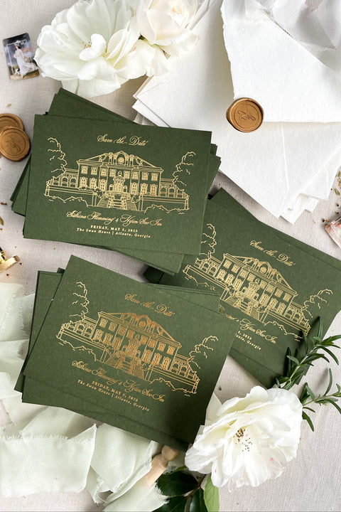 Make a stunning first impression with our Gold Foil Save the Date cards, featuring a bespoke illustration of your wedding venue pressed in shimmering metallic foil on rich forest green cardstock. Designed for couples who appreciate sophistication and artistry, each card exudes luxury while telling your unique love story through custom fine line detailing.