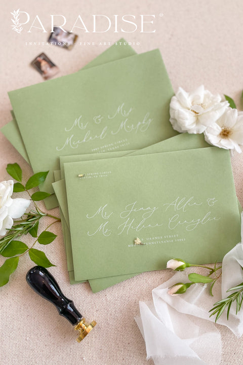 Pear green wedding envelopes with printed addresses, styled flat lay with soft ribbon, dried florals, and wax seals for fresh, botanical invitation suites.