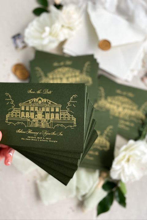 Make a stunning first impression with our Gold Foil Save the Date cards, featuring a bespoke illustration of your wedding venue pressed in shimmering metallic foil on rich forest green cardstock. Designed for couples who appreciate sophistication and artistry, each card exudes luxury while telling your unique love story through custom fine line detailing.
