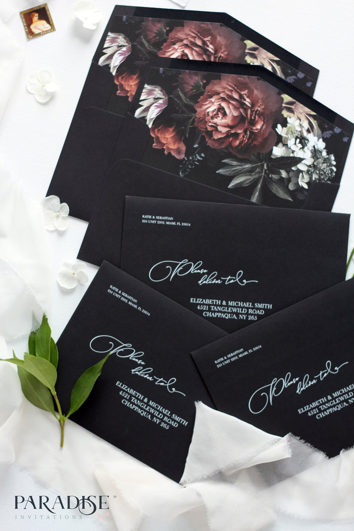 Peonies Envelope Liners on Black Envelopes