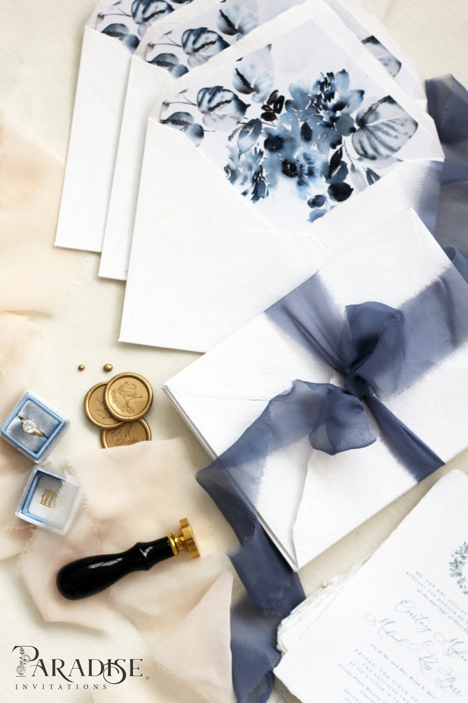 Dusty Blue Floral Envelope Liners on White Envelopes