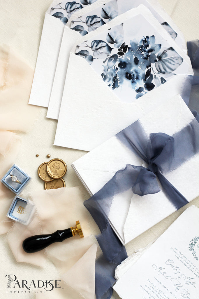 Dusty Blue Floral Envelope Liners on White Envelopes