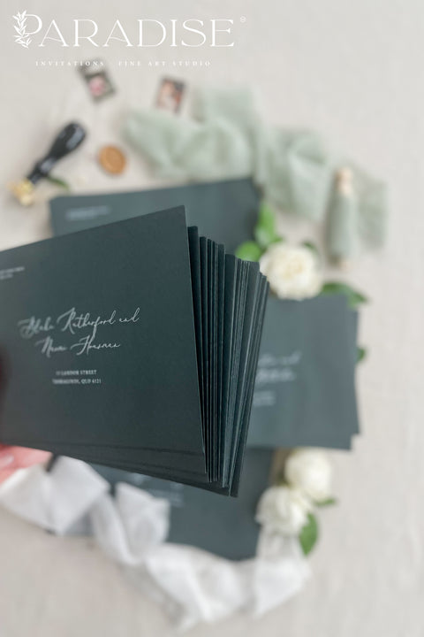 Green wedding envelopes with professional address printing, crafted from premium paper and styled to showcase rich color, smooth texture, and refined typography.