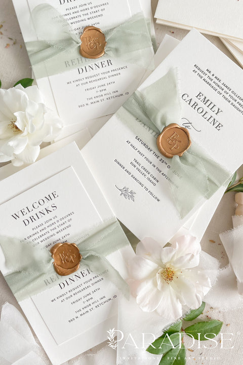 This letterpress wedding invitation suite is designed for couples who value craftsmanship and simplicity. Printed on luxury cotton paper, each invitation showcases the unmistakable texture and depth of traditional letterpress printing, where every word is gently pressed into the paper for a tactile, heirloom finish. Wrapped in a sage green silk ribbon and sealed with hand-poured gold wax, this suite exudes quiet luxury and romance.