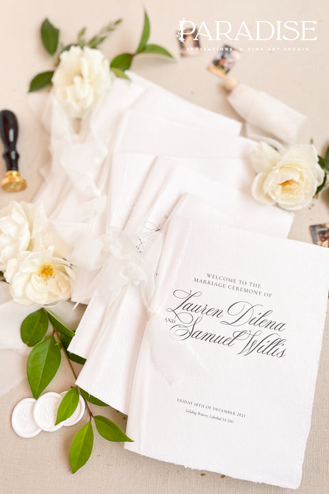 Bring timeless elegance to your ceremony with this classic wedding program, printed on premium white cardstock and finished with soft chiffon ribbon. The refined script typography and clean layout create an elevated fine-art feel - perfect for romantic, traditional, and modern-classic weddings. A beautiful keepsake your guests will cherish.