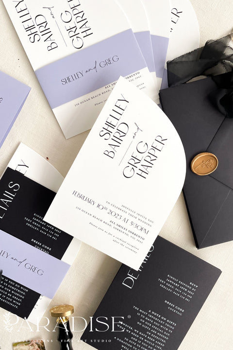 Contemporary, bold, and beautifully refined - our half arched wedding invitation suite is the perfect choice for couples who adore modern minimalism with an editorial twist. Crafted with precision on luxury matte cardstock, each suite pairs black and white invitations with lavender details, arched silhouettes, and a black chiffon ribbon tied in a soft bow. The combination of elegant typography and structural design creates a clean, modern aesthetic ideal for urban, modern-romantic, or black-tie weddings.