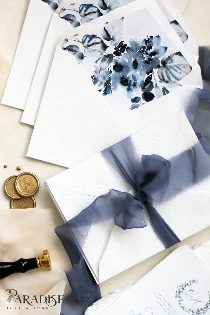 Dusty Blue Floral Envelope Liners on White Envelopes