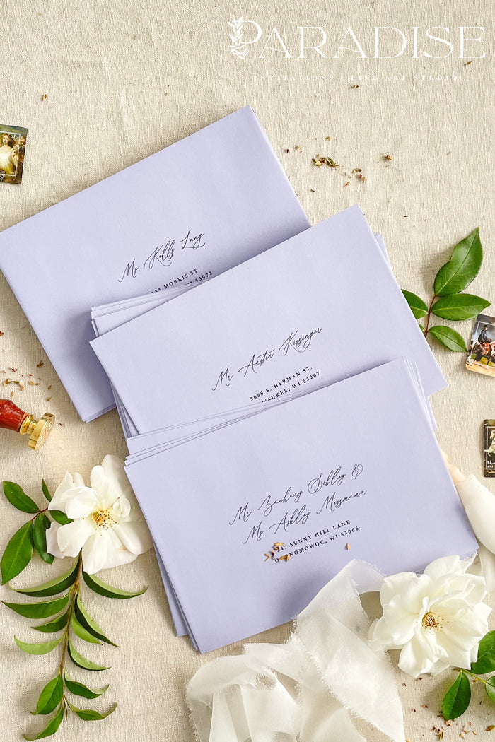 Lilac Envelopes and Black Ink Printing