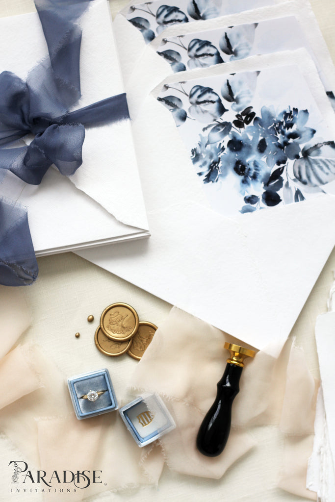 Dusty Blue Floral Envelope Liners on White Envelopes