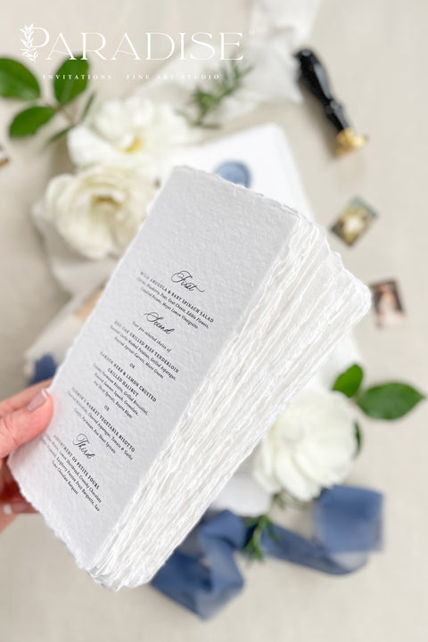 Elevate your table styling with our handmade paper wedding menus, featuring deckled edges, soft texture, and artisanal craftsmanship. Each menu is printed on 100% cotton rag paper, adorned with a wax seal in custom color, and designed to perfectly complement fine art or romantic wedding themes. These menus embody elegance, authenticity, and natural charm, making them a statement piece for your celebration.
