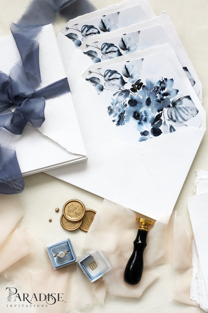 Dusty Blue Floral Envelope Liners on White Envelopes