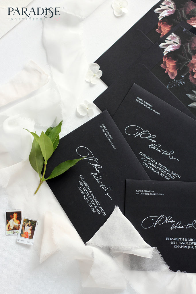 Peonies Envelope Liners on Black Envelopes