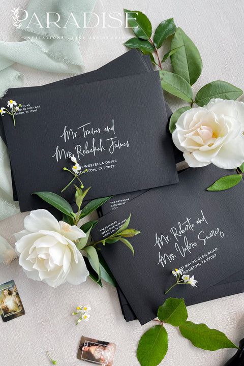 Luxury coco linen envelopes with printed addresses crafted from textured paper, designed for refined fine art wedding invitation suites.