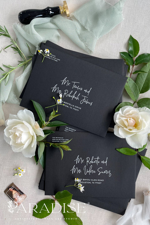 Luxury coco linen envelopes with printed addresses crafted from textured paper, designed for refined fine art wedding invitation suites.