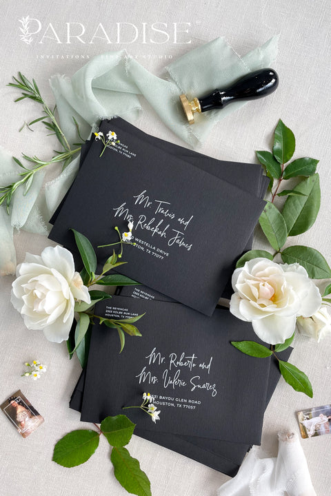 Luxury coco linen envelopes with printed addresses crafted from textured paper, designed for refined fine art wedding invitation suites.