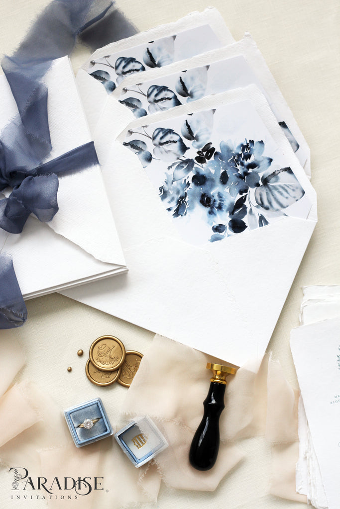 Dusty Blue Floral Envelope Liners on White Envelopes