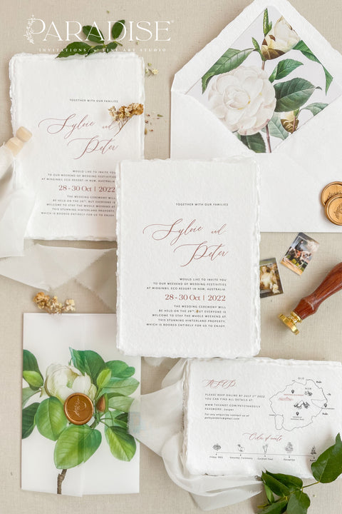 Announce your wedding with refined botanical charm through this handmade paper wedding invitation suite, adorned with vellum wraps featuring watercolor botanical artwork and a custom hand-drawn map that beautifully tells your story. Each invitation is printed on luxury deckled-edge cotton paper, offering a soft, organic texture that captures the essence of fine art craftsmanship. The botanical vellum jacket adds a touch of delicate transparency.