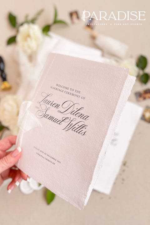 Bring timeless elegance to your ceremony with this classic wedding program, printed on premium white cardstock and finished with soft chiffon ribbon. The refined script typography and clean layout create an elevated fine-art feel - perfect for romantic, traditional, and modern-classic weddings. A beautiful keepsake your guests will cherish.