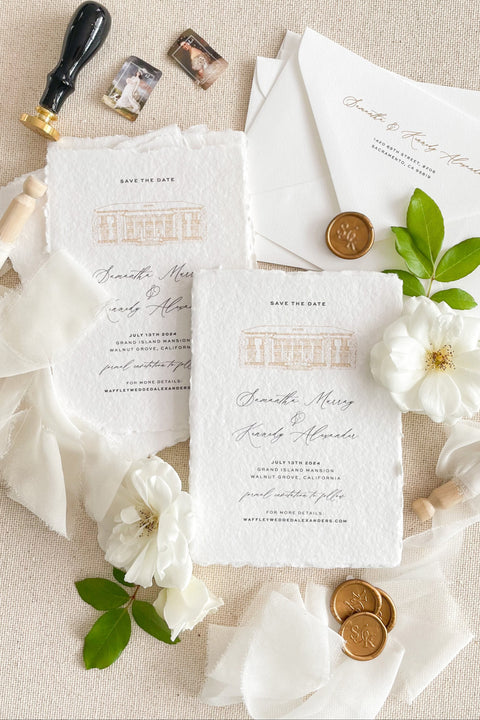 Capture the essence of your wedding day with our handmade paper Save the Date cards, featuring a custom hand-drawn illustration of your wedding venue. Each card is printed on luxury 100% cotton handmade paper with deckled edges, creating a soft, artisanal texture.