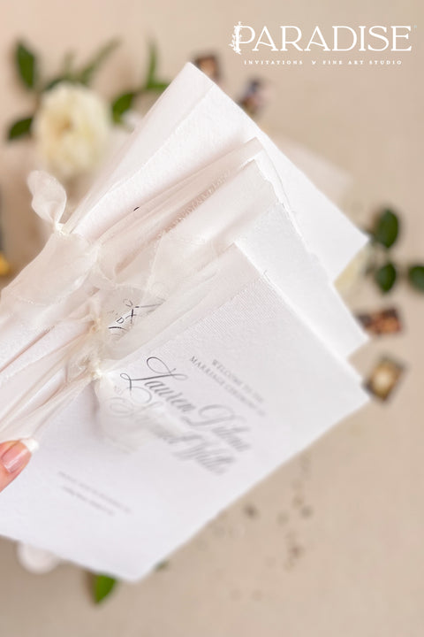 Bring timeless elegance to your ceremony with this classic wedding program, printed on premium white cardstock and finished with soft chiffon ribbon. The refined script typography and clean layout create an elevated fine-art feel - perfect for romantic, traditional, and modern-classic weddings. A beautiful keepsake your guests will cherish.