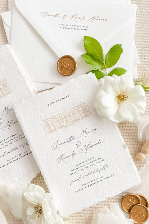 Capture the essence of your wedding day with our handmade paper Save the Date cards, featuring a custom hand-drawn illustration of your wedding venue. Each card is printed on luxury 100% cotton handmade paper with deckled edges, creating a soft, artisanal texture.