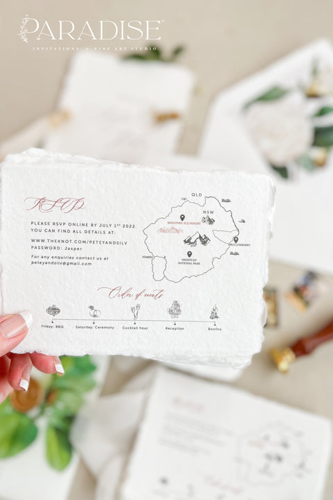 Announce your wedding with refined botanical charm through this handmade paper wedding invitation suite, adorned with vellum wraps featuring watercolor botanical artwork and a custom hand-drawn map that beautifully tells your story. Each invitation is printed on luxury deckled-edge cotton paper, offering a soft, organic texture that captures the essence of fine art craftsmanship. The botanical vellum jacket adds a touch of delicate transparency.
