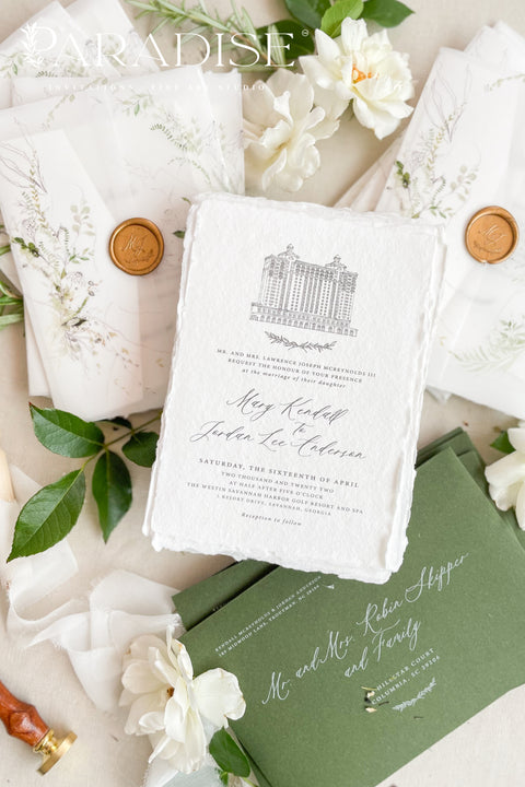 For couples who adore organic beauty and timeless detail, this handmade paper wedding invitation suite captures the essence of fine art stationery. The hand-drawn venue illustration is the centerpiece - a bespoke sketch that celebrates your love story and the place where it begins. Printed on thick, luxury cotton paper, its natural deckled edges and soft texture bring warmth and authenticity to every invitation. Wrapped in a floral vellum jacket and finished with a warm gold wax seal.