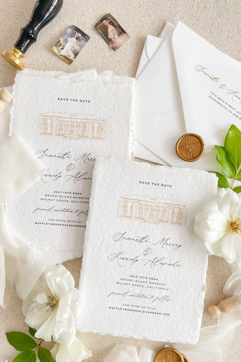 Capture the essence of your wedding day with our handmade paper Save the Date cards, featuring a custom hand-drawn illustration of your wedding venue. Each card is printed on luxury 100% cotton handmade paper with deckled edges, creating a soft, artisanal texture.
