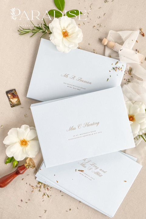 Coco linen wedding envelopes with professional address printing, showing linen texture, soft neutral color, and refined typography for fine art stationery.
