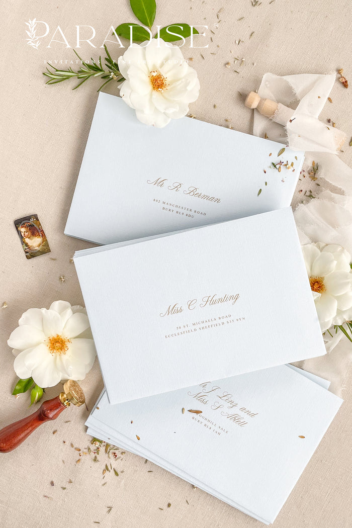 Coco Linen Baby Bleu Envelopes and Golden Ink Printing