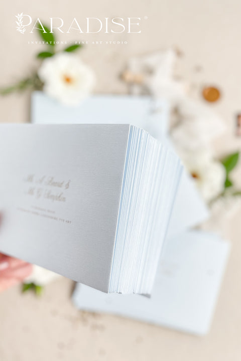 Coco linen wedding envelopes with professional address printing, showing linen texture, soft neutral color, and refined typography for fine art stationery.