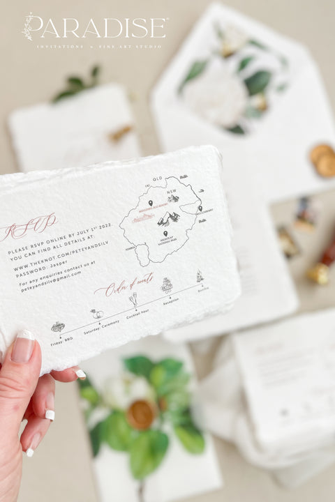 Announce your wedding with refined botanical charm through this handmade paper wedding invitation suite, adorned with vellum wraps featuring watercolor botanical artwork and a custom hand-drawn map that beautifully tells your story. Each invitation is printed on luxury deckled-edge cotton paper, offering a soft, organic texture that captures the essence of fine art craftsmanship. The botanical vellum jacket adds a touch of delicate transparency.