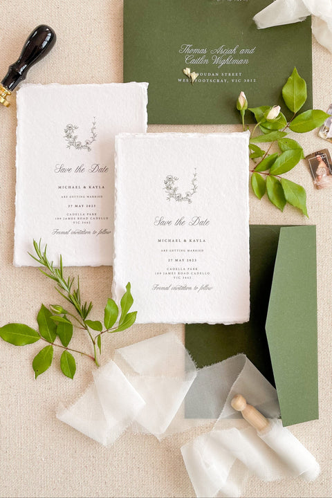 Announce your wedding with classic elegance through our handmade paper Save the Date cards, beautifully printed on luxury cotton handmade paper with natural deckled edges and a delicate botanical illustration. Each piece embodies fine-art simplicity and natural beauty, making it the perfect choice for garden, organic, or destination weddings.