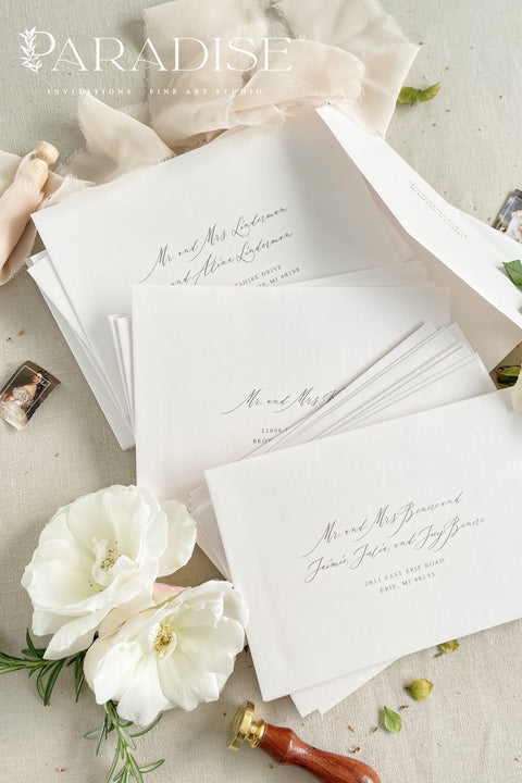 Minimalist white wedding envelopes with black ink printing, styled with botanical accents and ribbon for timeless, modern invitation suites.