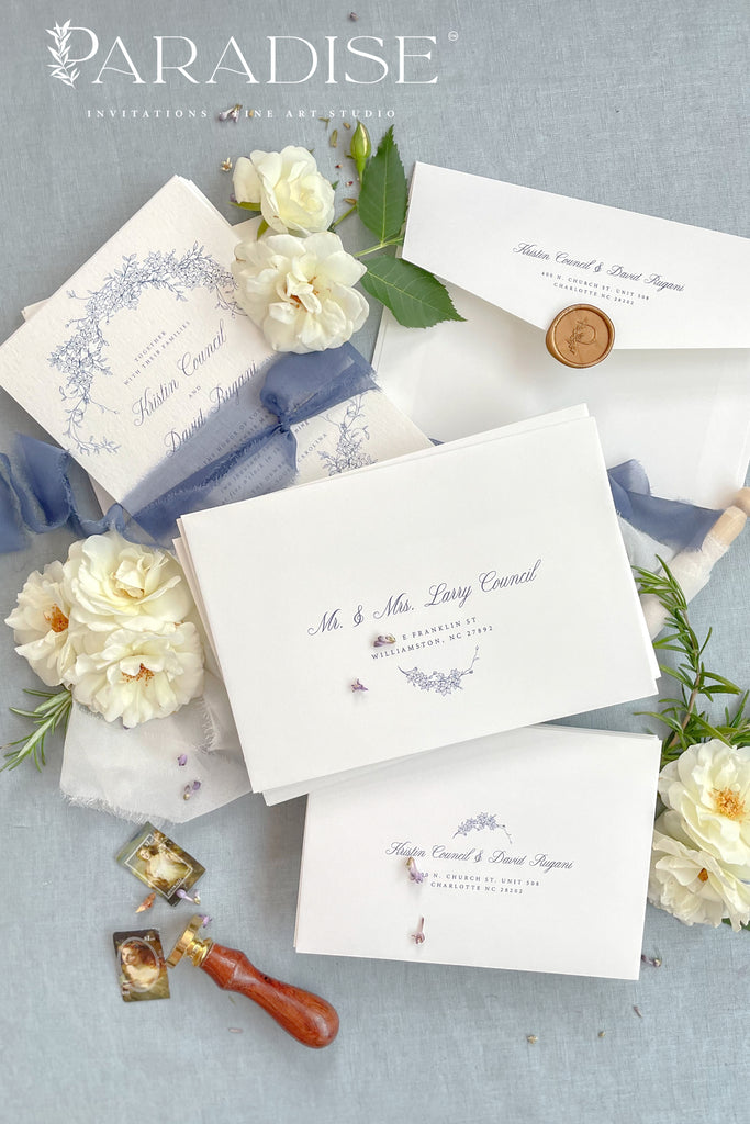 White Envelopes and Navy Ink Address Printing