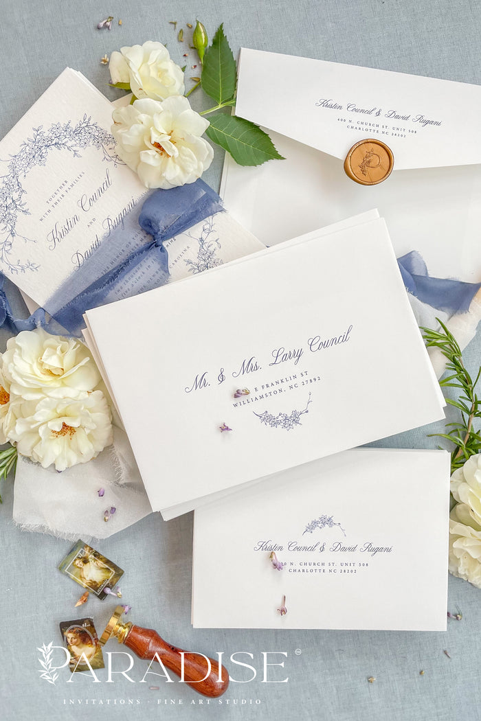 White Envelopes and Navy Ink Address Printing