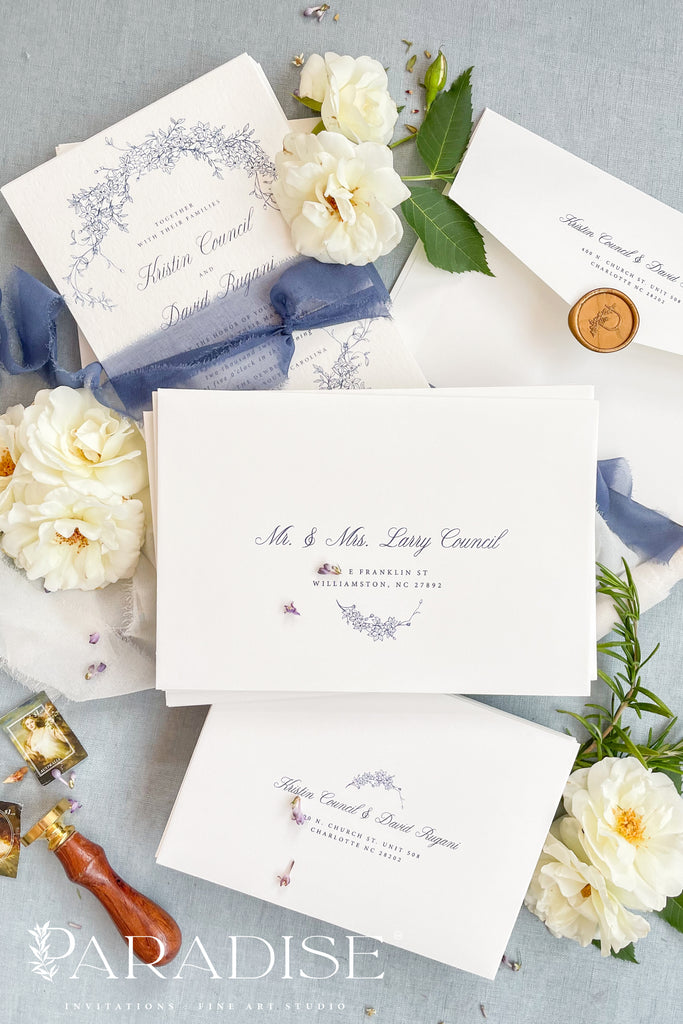 White Envelopes and Navy Ink Address Printing