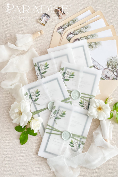 This exquisite wedding invitation set offers a blend of natural elegance and romantic charm. Each timeless romantic wedding stationery piece is printed on luxurious handmade paper with a beautiful deckle edge, providing a rich, tactile feel. The result is a truly elegant and beautiful suite that is also an environmentally conscious choice, perfect for your special day.