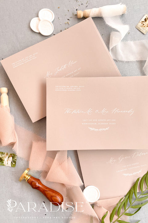 Soft birch envelopes featuring white ink calligraphy address printing, photographed with wax seals and styling props for elegant wedding stationery.