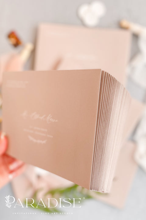 Soft birch envelopes featuring white ink calligraphy address printing, photographed with wax seals and styling props for elegant wedding stationery.