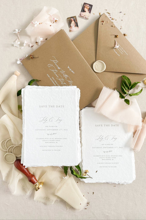 Announce your wedding with timeless simplicity through our handmade paper Save the Date cards, crafted on 100% cotton handmade paper with natural deckled edges and refined minimalist typography. Each card embodies effortless elegance, combining artisanal craftsmanship with a clean, modern aesthetic - perfect for fine art, neutral, or destination weddings.
