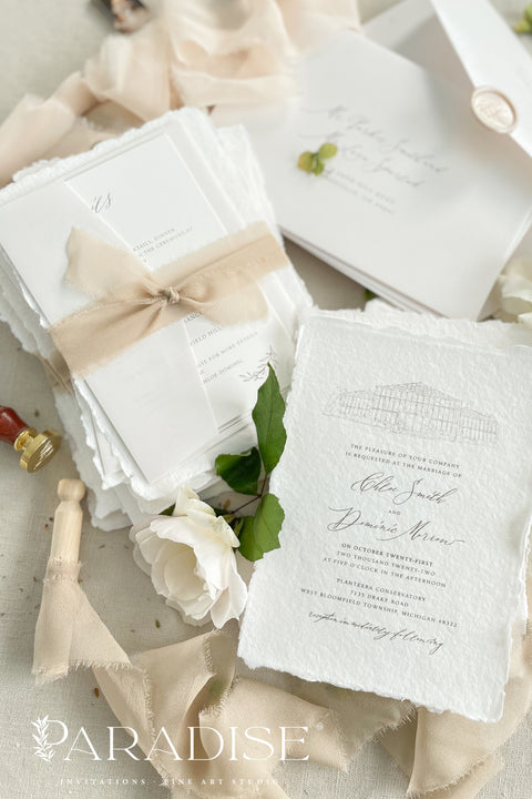 Refined, personal, and beautifully timeless - our handmade wedding invitation suite with a hand-drawn venue illustration transforms your wedding stationery into a piece of art. Each invitation is printed on 100% cotton deckled-edge paper, tied with a soft taupe silk ribbon, and sealed with an ivory wax seal for a sophisticated, heirloom finish. The custom venue sketch captures the heart of your celebration. 