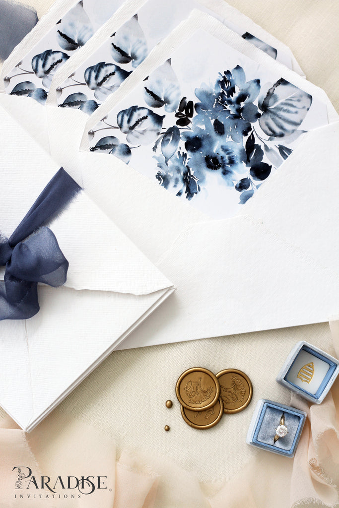 Dusty Blue Floral Envelope Liners on White Envelopes