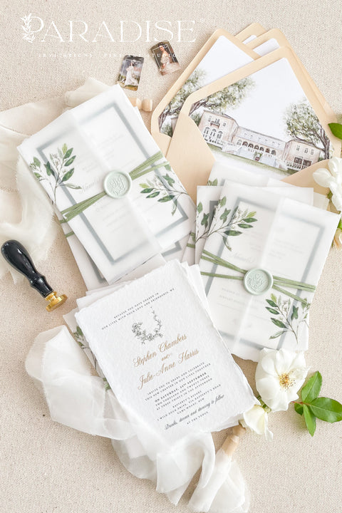 This exquisite wedding invitation set offers a blend of natural elegance and romantic charm. Each timeless romantic wedding stationery piece is printed on luxurious handmade paper with a beautiful deckle edge, providing a rich, tactile feel. The result is a truly elegant and beautiful suite that is also an environmentally conscious choice, perfect for your special day.