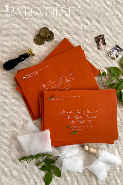 Red wedding envelopes with professional address printing, crafted from premium paper and arranged to show clean edges, rich color, and elegant typography.