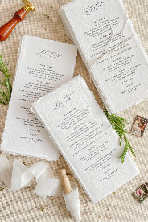 Bring artisanal beauty to your tablescape with our handmade paper wedding menus, crafted from 100% cotton rag paper and finished with elegant deckled edges. Each menu is a tactile piece of fine-art stationery, designed for couples who love timeless details and refined simplicity. Perfect for luxury, romantic, or destination weddings, these menus feature minimalist typography printed on naturally textured paper, adding warmth and sophistication to your reception.