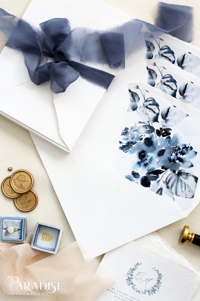 Dusty Blue Floral Envelope Liners on White Envelopes