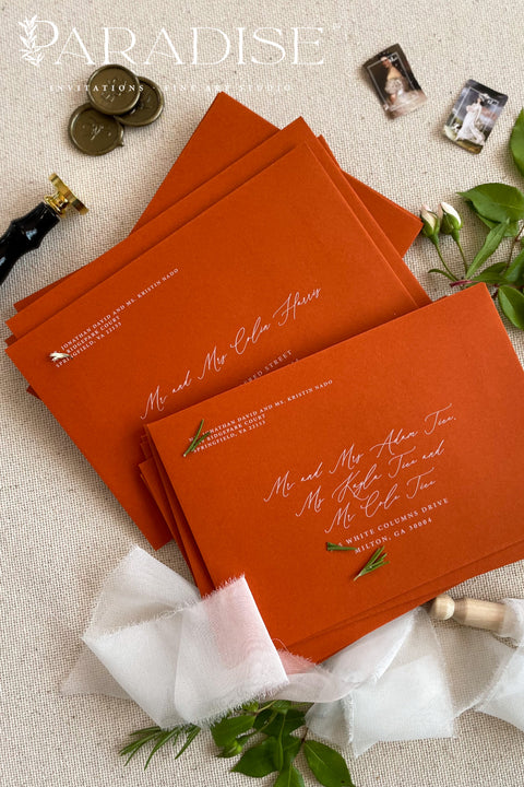Close-up of red envelope with printed guest address, highlighting smooth paper texture, crisp lettering, and refined stationery craftsmanship.