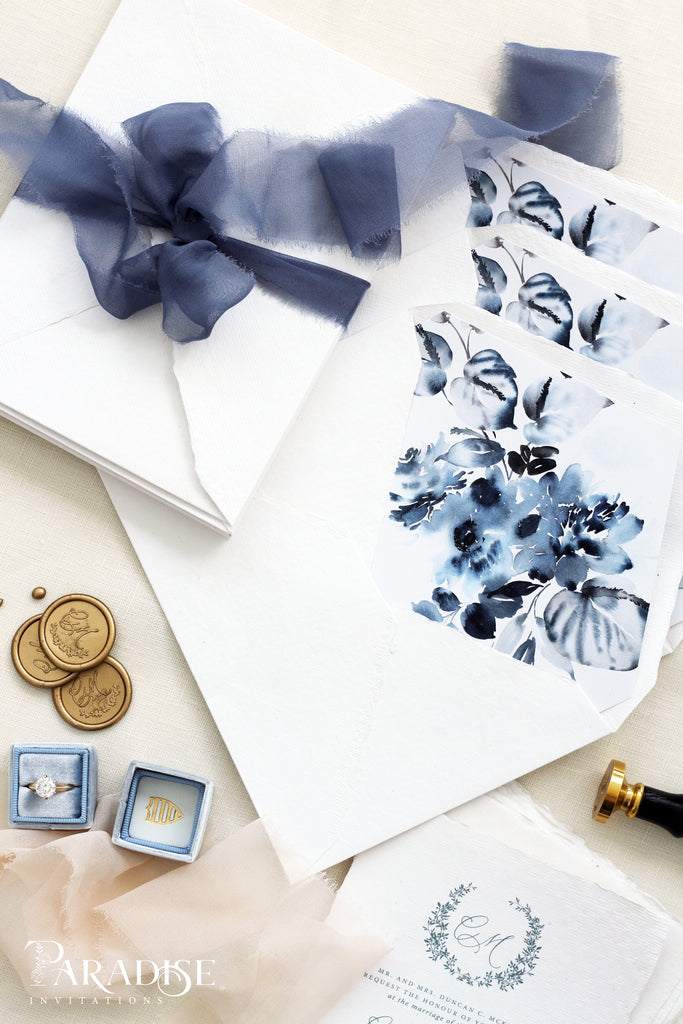 Dusty Blue Floral Envelope Liners on White Envelopes