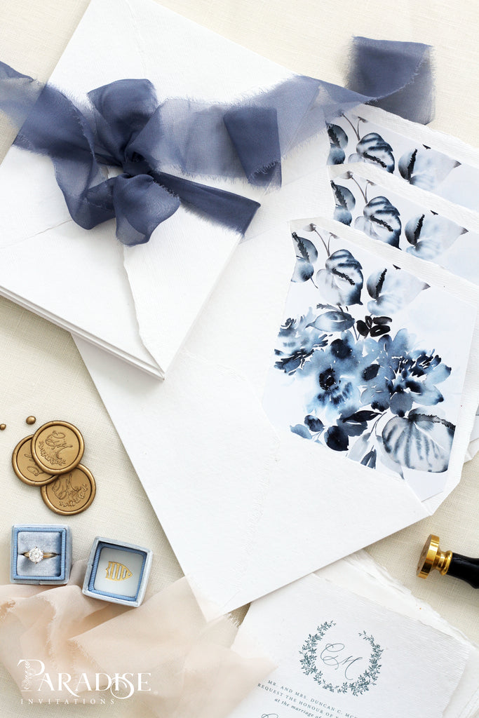 Dusty Blue Floral Envelope Liners on White Envelopes